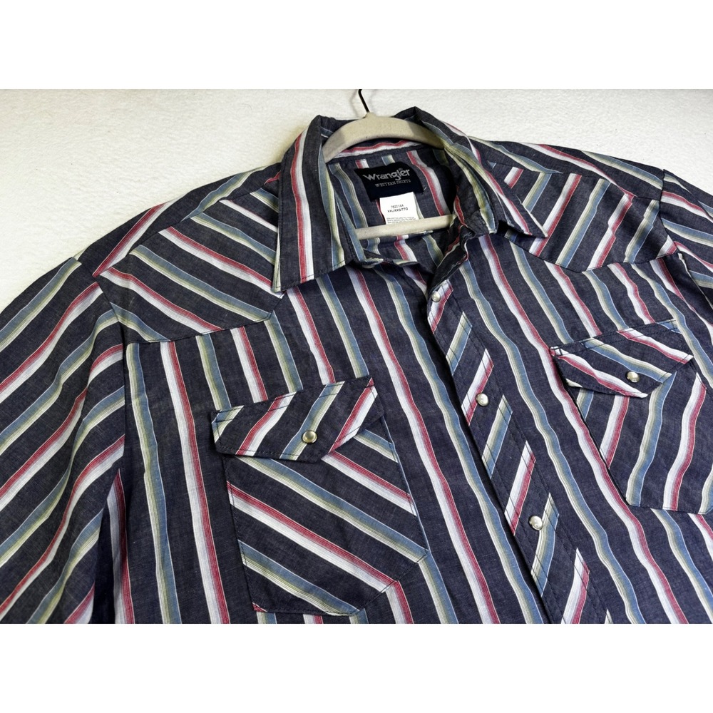 Wrangler Western Shirt Mens XXL Blue Red Striped Snap Front Short Sleeve 70221AA